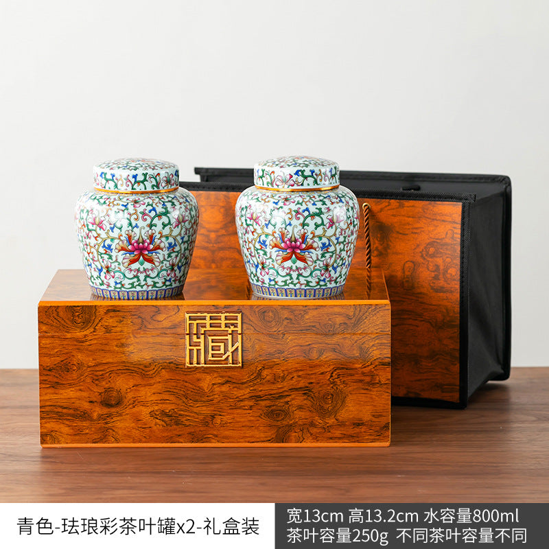 Enamel Ceramic Jars in a Collector Seal Wooden Box Set