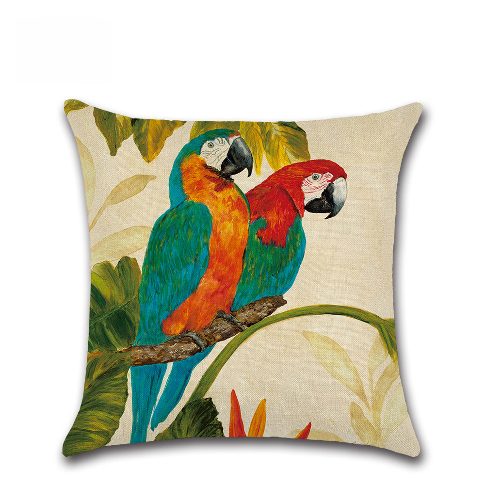 Parrot Series: Flower And Parrots Linen Cushion Covers