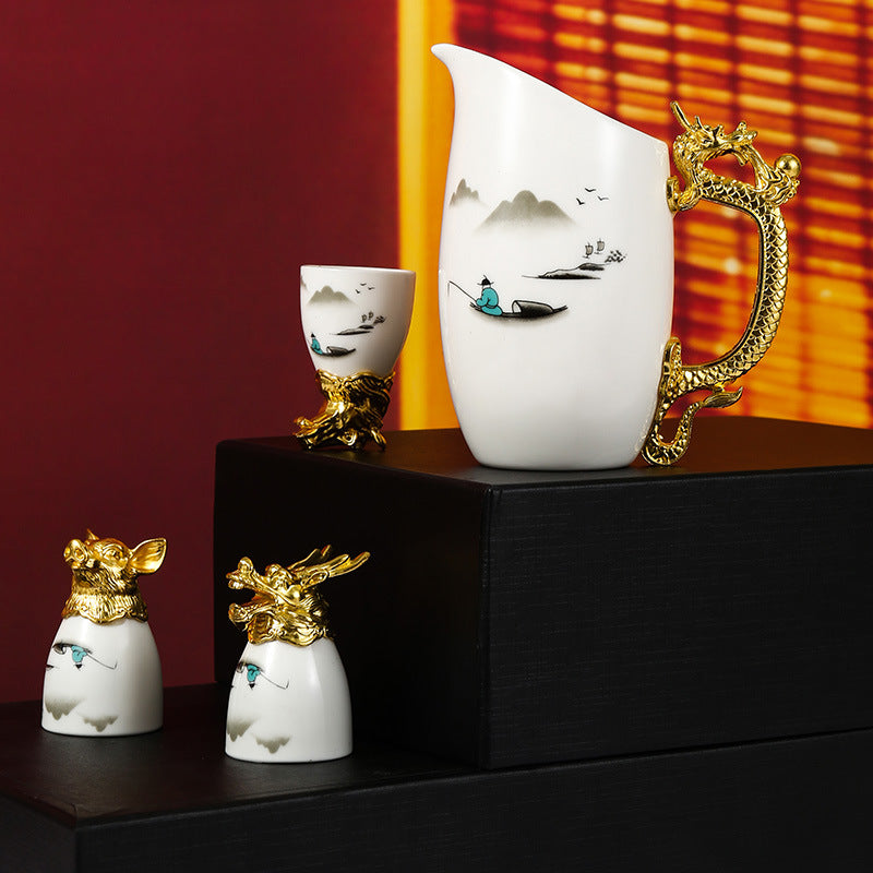 Limited Collection: 12 Chinese Zodiac White Ceramic Wine Cups Pitcher Set in Gift Box