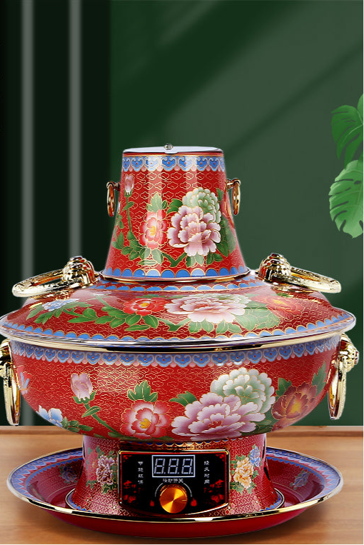 Limited Collection: Mandarin Cloisonne Copper Hot Pot with Modern Electrical Plug-In