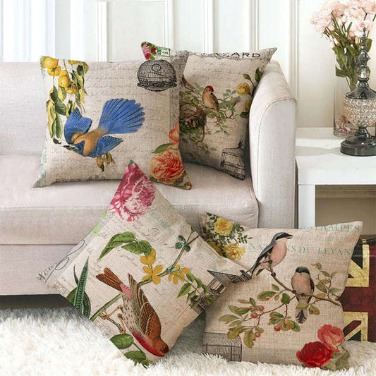 Watercolour Aviary Birds and Botanical Linen Cushion Covers