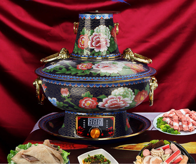 Limited Collection: Mandarin Cloisonne Copper Hot Pot with Modern Electrical Plug-In