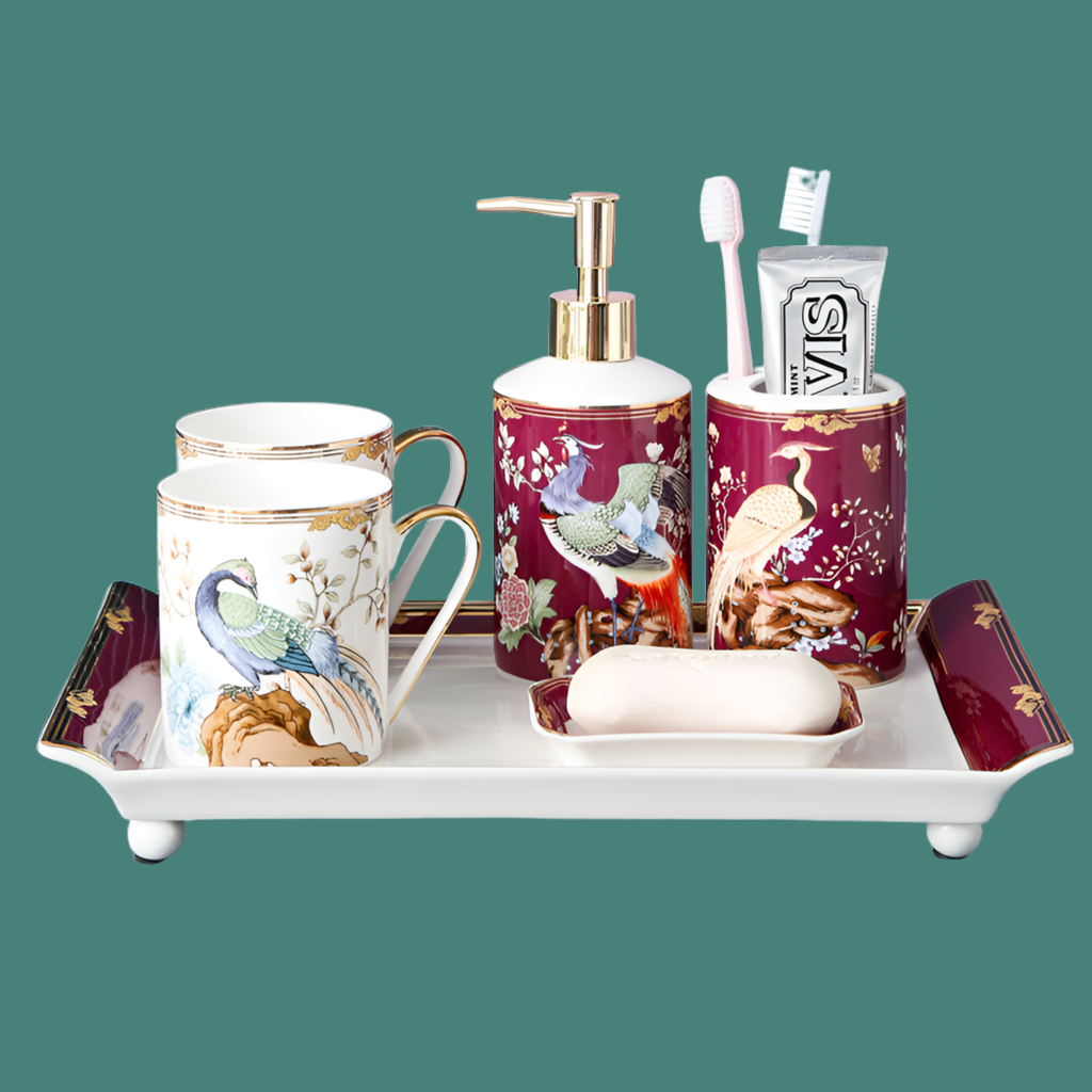 Luxurious Bone China Phoenix & Rock Garden Design 6-Piece Bathroom Vanity Set in Gift Box