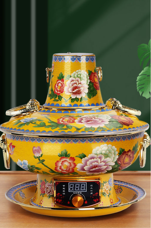 Limited Collection: Mandarin Cloisonne Copper Hot Pot with Modern Electrical Plug-In