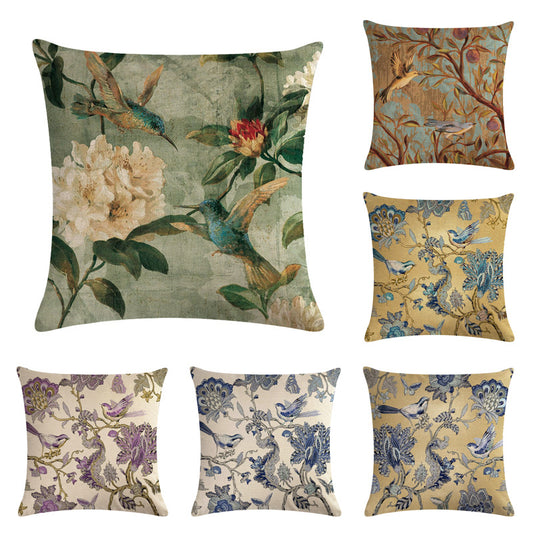 Scroll Flowers And Birds Series Linen Cushion Cover