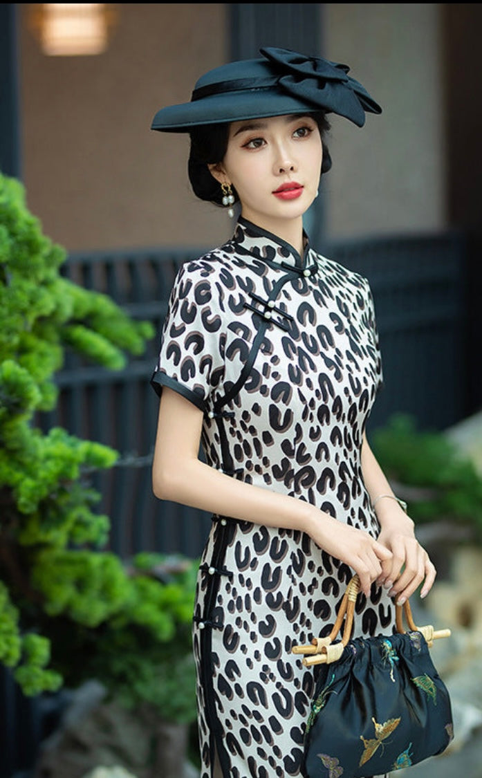 Leopard Print Silk Long Cheongsam