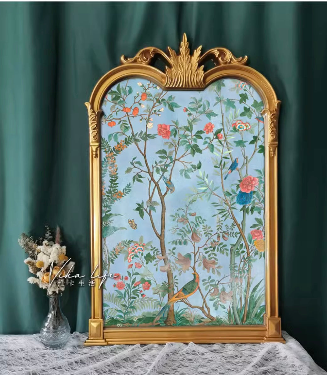 Flower And Bird Jungle Peacock Decorative Painting with Gold Frame.