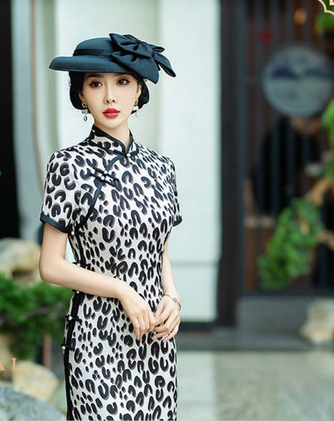 Leopard Print Silk Long Cheongsam