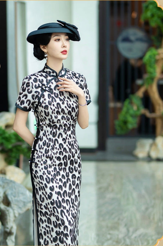 Leopard Print Silk Long Cheongsam