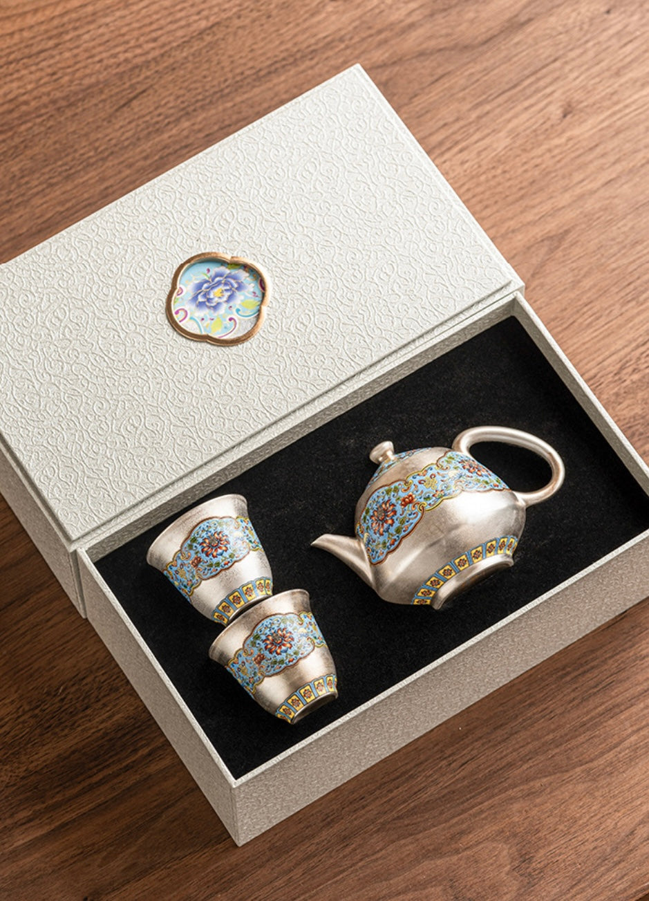 Cloisonne Gilt Silver Enamel Teapot Cup Set in Gift Box