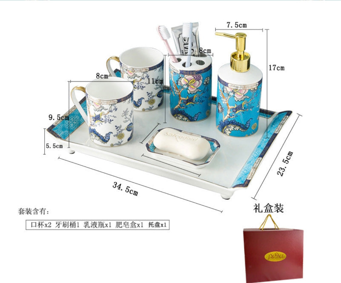 Luxurious Bone China Phoenix & Rock Garden Design 6-Piece Bathroom Vanity Set in Gift Box