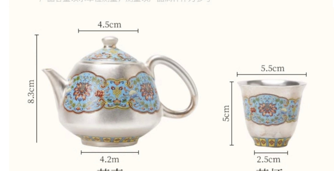 Cloisonne Gilt Silver Enamel Teapot Cup Set in Gift Box