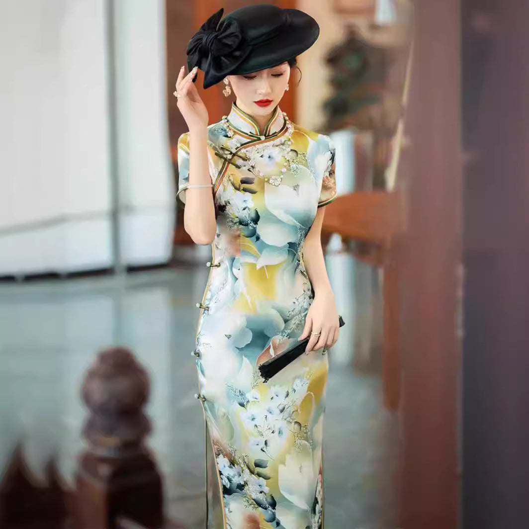 Long Mulberry Silk Cheongsam Dress in Summer Floral Pattern