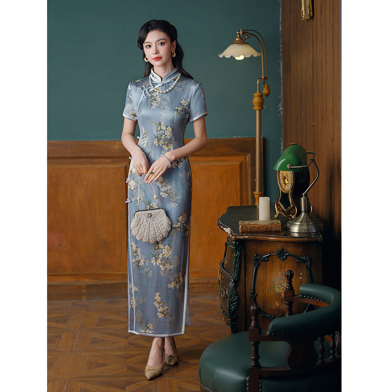 Limited Collection: Light Blue Long Mulberry Silk Cheongsam