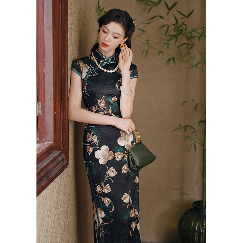 Limited Collection: Long Evening Mulberry Silk Cheongsam Beige Floral on Black with Green Piping