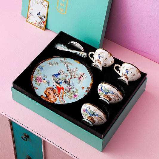 For Love Birds: 11-Piece Bone China Luxury Chinoiserie Tableware with Plates And Cup Saucers Gift Set for Two