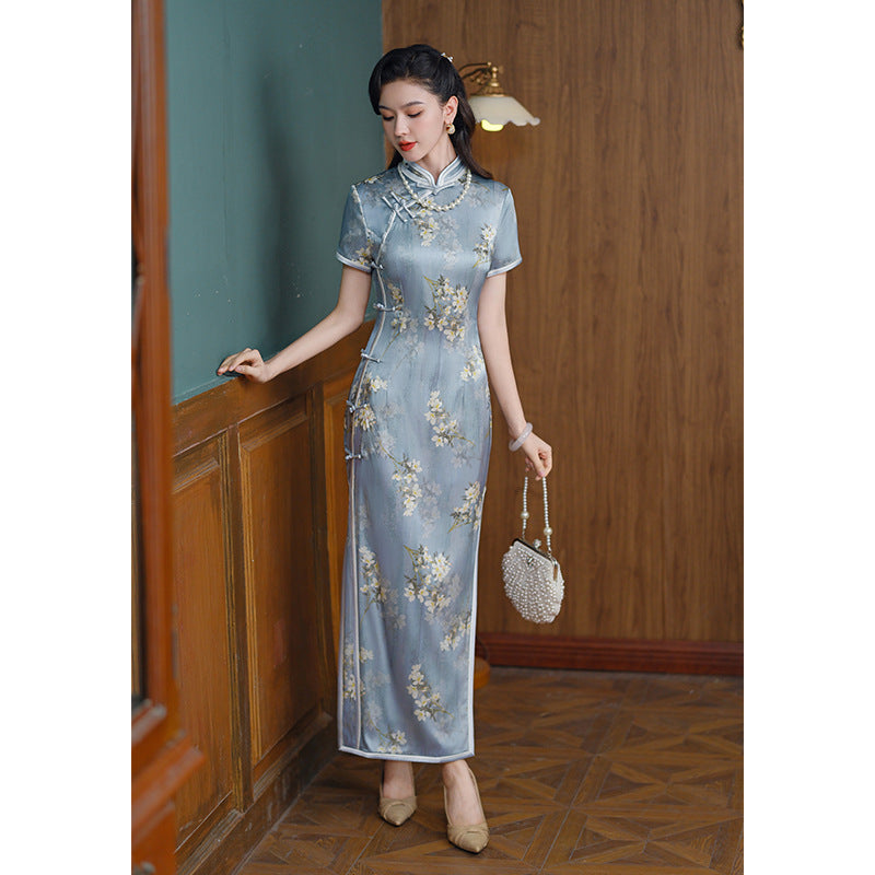 Limited Collection: Light Blue Long Mulberry Silk Cheongsam