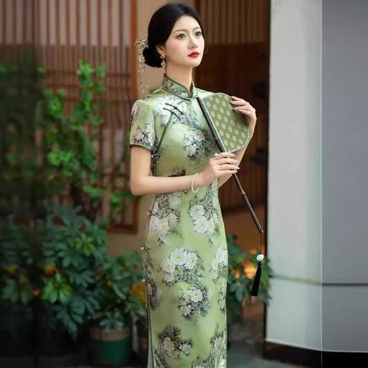 Sage Mulberry Silk Cheongsam with White Peonies