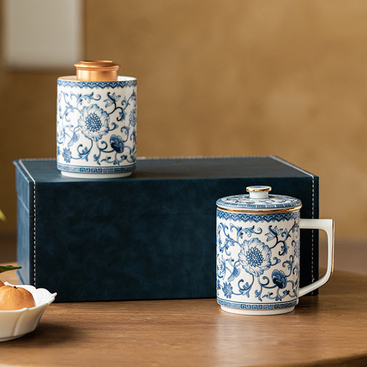 Blue and White Tea Set Companion with Enamel Ceramic Mug and Tea Leaf Cannister in a Gift Box