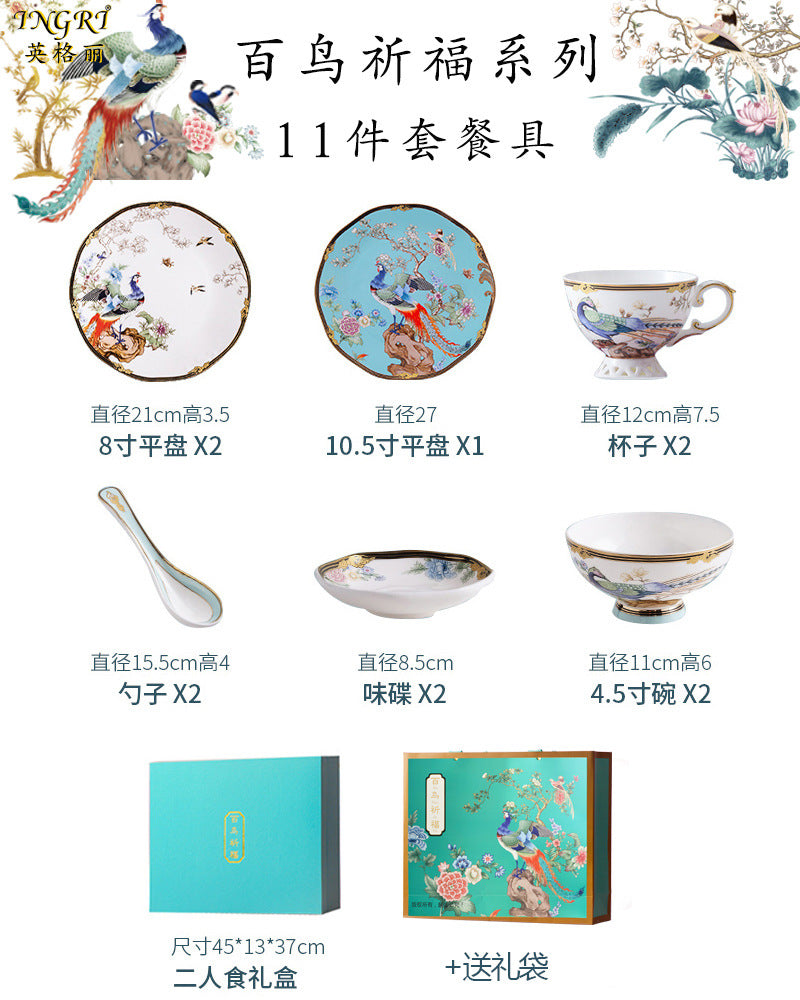 For Love Birds: 11-Piece Bone China Luxury Chinoiserie Tableware with Plates And Cup Saucers Gift Set for Two