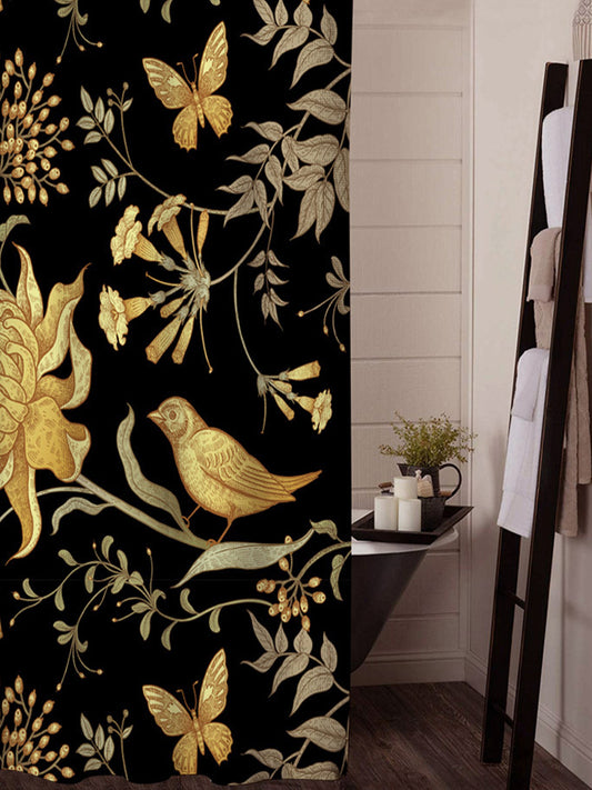 Chinoiserie Butterfly Bird Yellow Black Shower Curtain