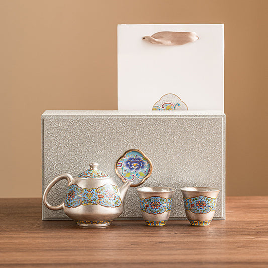 Cloisonne Gilt Silver Enamel Teapot Cup Set in Gift Box