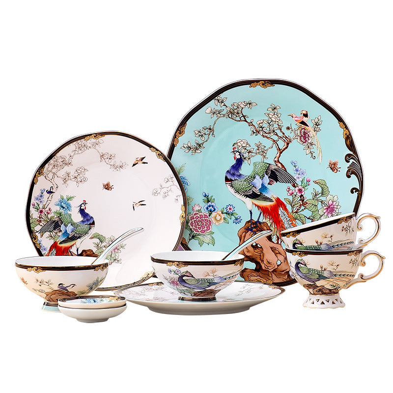 For Love Birds: 11-Piece Bone China Luxury Chinoiserie Tableware with Plates And Cup Saucers Gift Set for Two