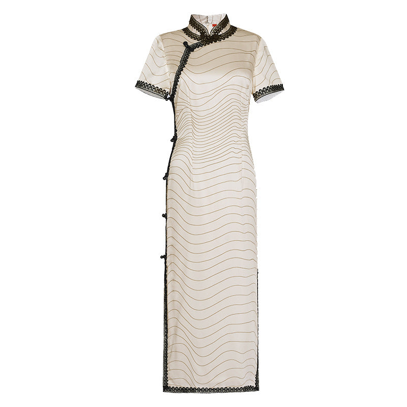 Limited Collection: Luxurious Mulberry Silk Long Cheongsam in Pearl White Light Graphic Pattern with Black Lace Piping