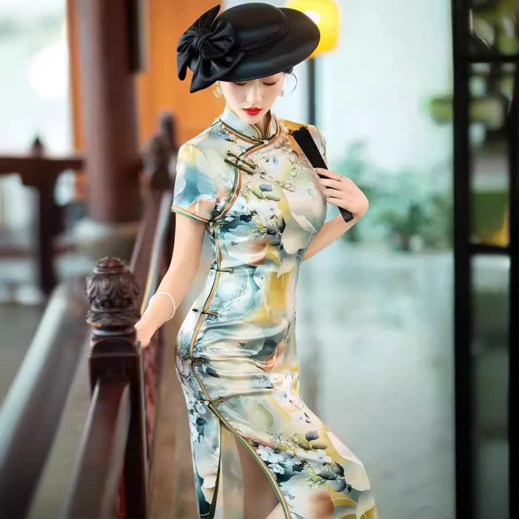 Long Mulberry Silk Cheongsam Dress in Summer Floral Pattern