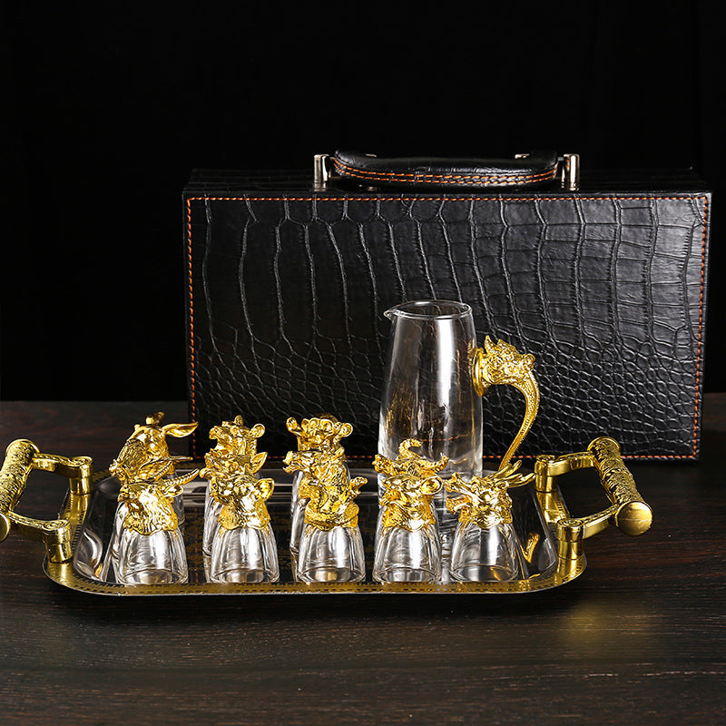 12 Chinese Zodiac Lead-free Crystal Wine Liquor Spirits Glass Pitcher Tray Set in Leather Case