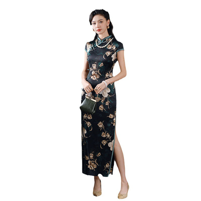 Limited Collection: Long Evening Mulberry Silk Cheongsam Beige Floral on Black with Green Piping