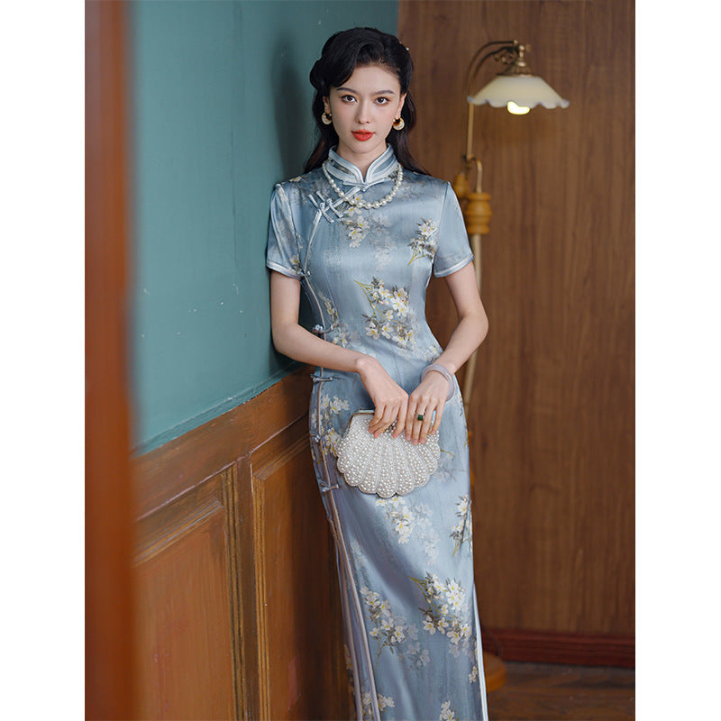 Limited Collection: Light Blue Long Mulberry Silk Cheongsam