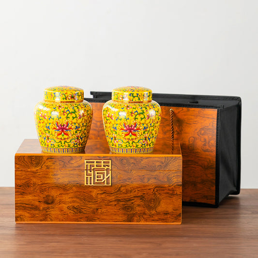 Enamel Ceramic Jars in a Collector Seal Wooden Box Set