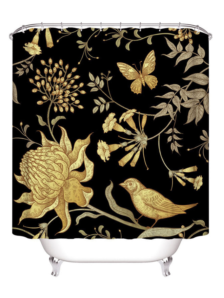 Chinoiserie Butterfly Bird Yellow Black Shower Curtain