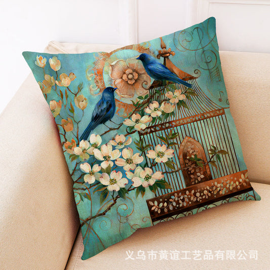 Aviary, Blue Birds, and Flower Tree Pattern Soft Velvet Cushion Covers