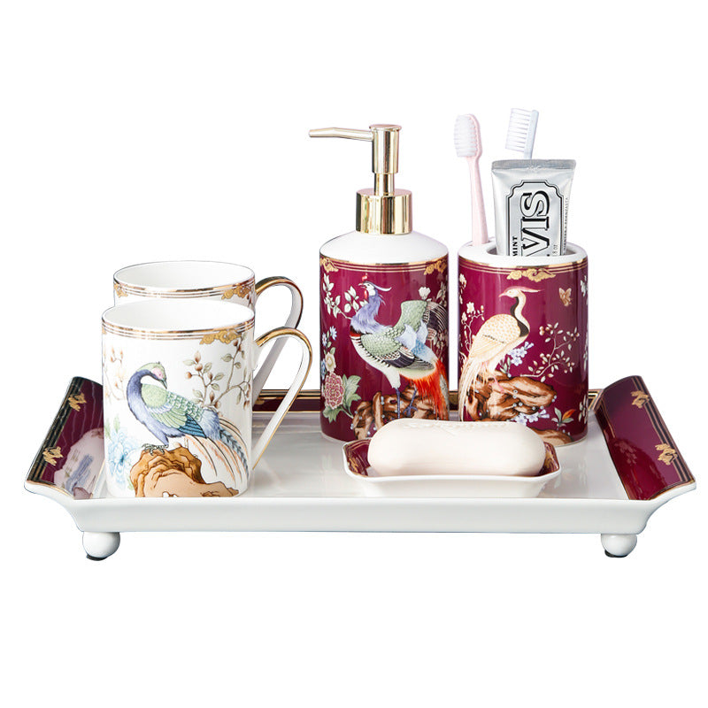 Luxurious Bone China Phoenix & Rock Garden Design 6-Piece Bathroom Vanity Set in Gift Box