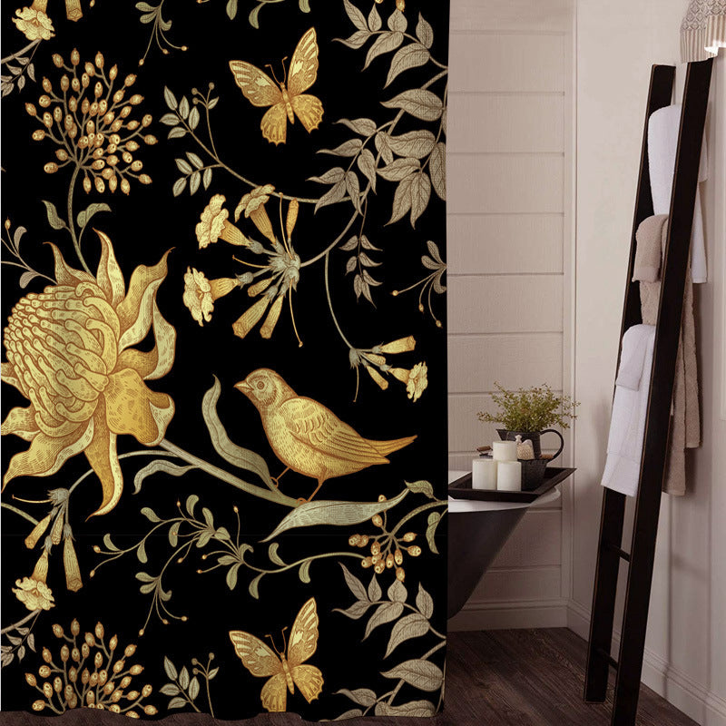 Chinoiserie Butterfly Bird Yellow Black Shower Curtain