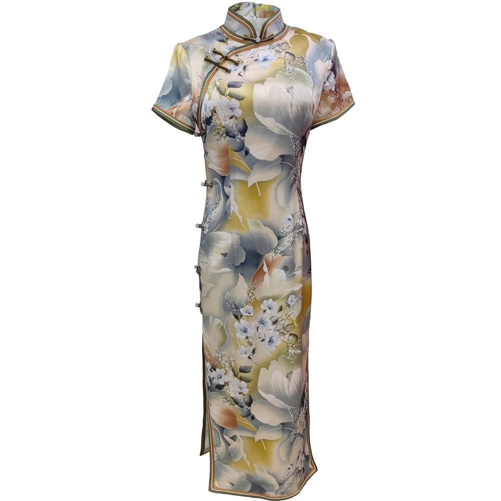 Long Mulberry Silk Cheongsam Dress in Summer Floral Pattern