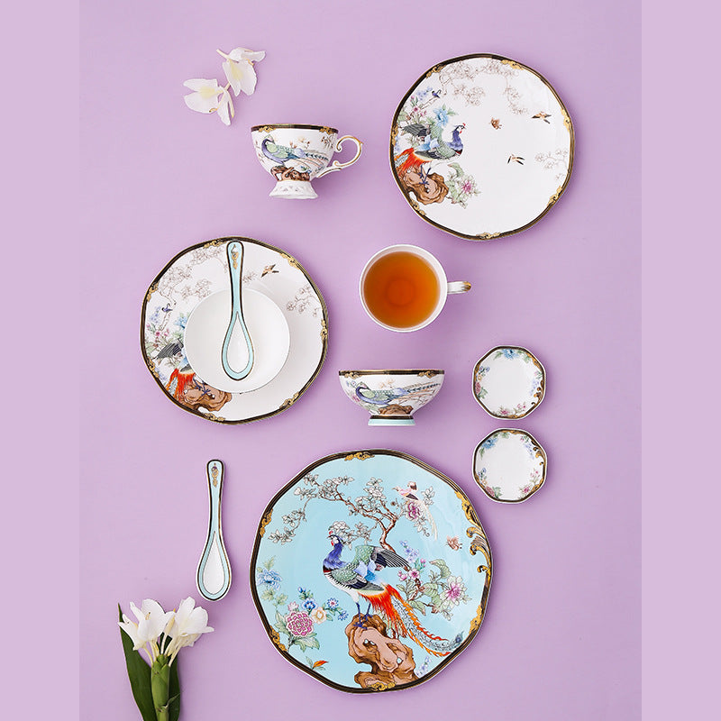 For Love Birds: 11-Piece Bone China Luxury Chinoiserie Tableware with Plates And Cup Saucers Gift Set for Two