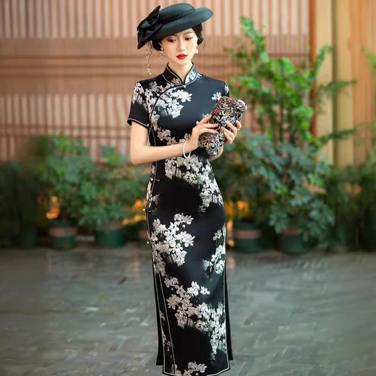 Elegant Evening Mulberry Silk Cheongsam White Floral on Black