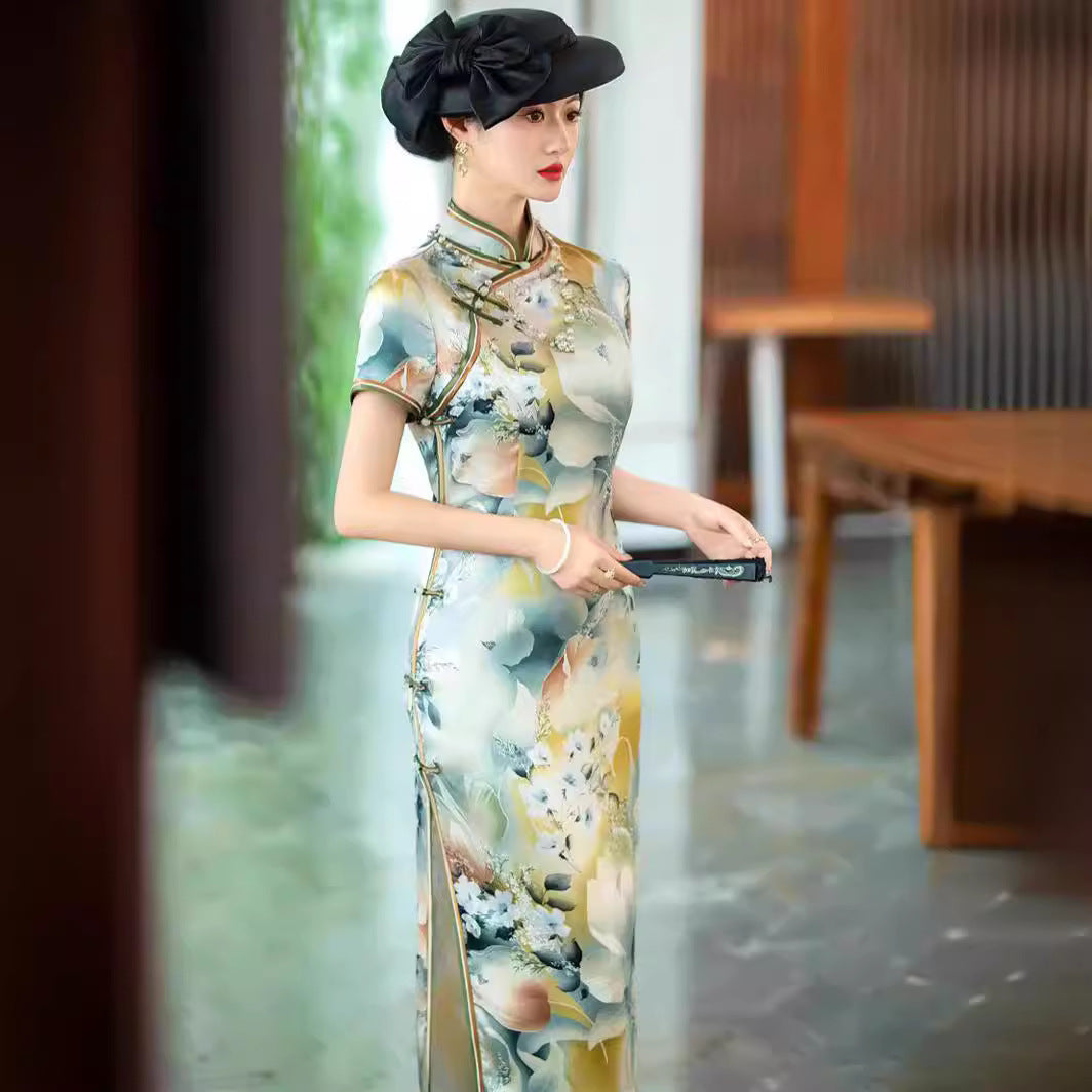 Long Mulberry Silk Cheongsam Dress in Summer Floral Pattern