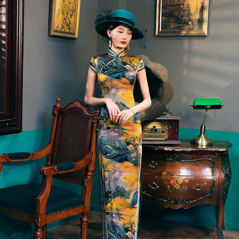 Limited Collection: Long Mulberry Silk Cheongsam in Mixed Green and Orange Landscape Pattern