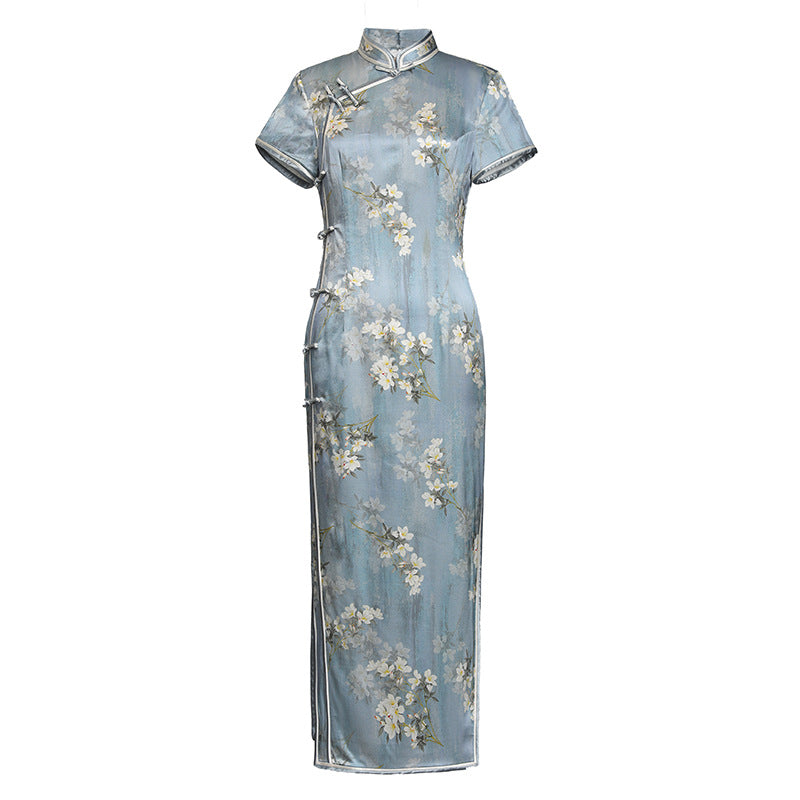 Limited Collection: Light Blue Long Mulberry Silk Cheongsam