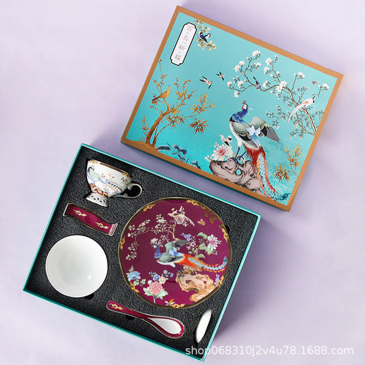 Chinoiserie Bone China Tableware with Majestic Phoenix Pattern Gift Box Set