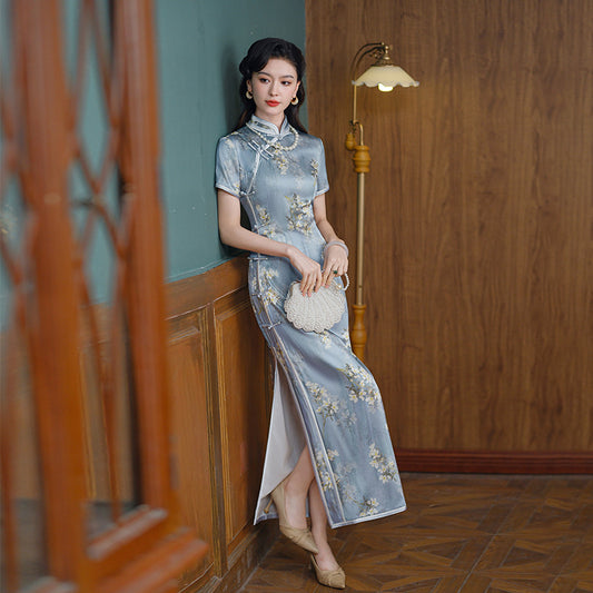 Limited Collection: Light Blue Long Mulberry Silk Cheongsam