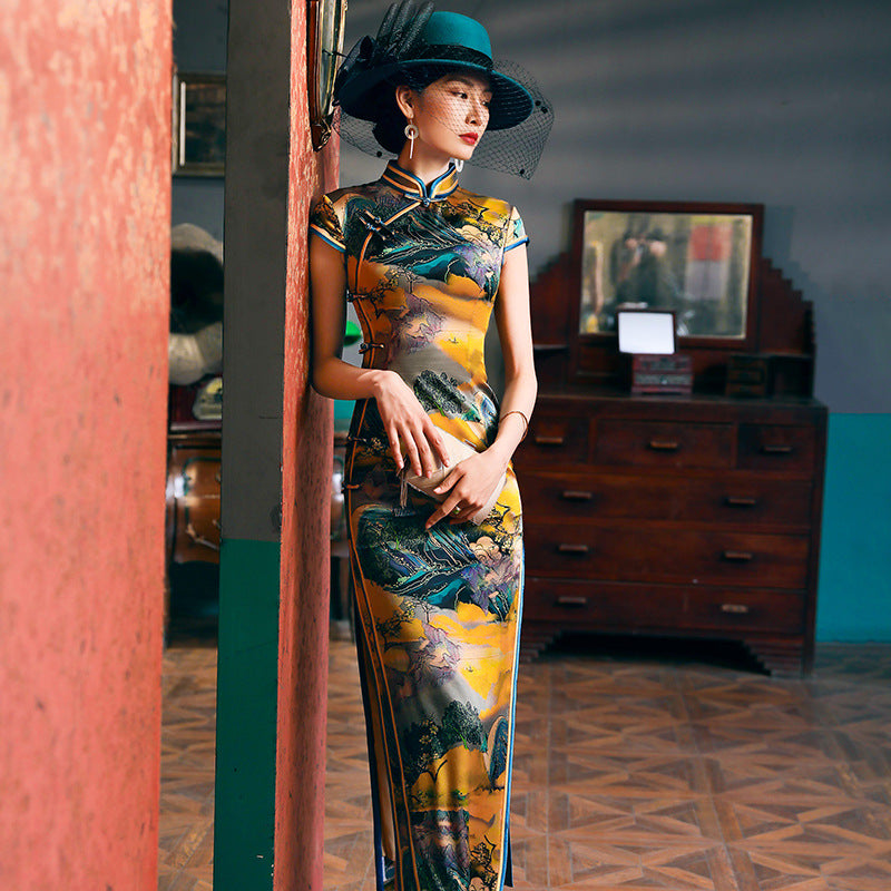 Limited Collection: Long Mulberry Silk Cheongsam in Mixed Green and Orange Landscape Pattern