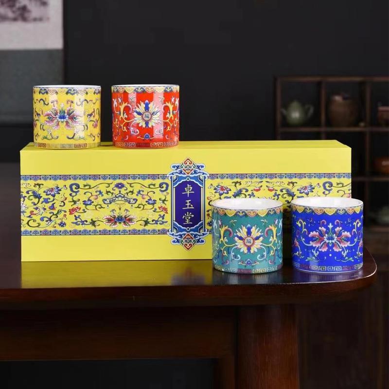 Palace Style Enamel Colourful Ceramic Tea Cup Sets in Gift Box