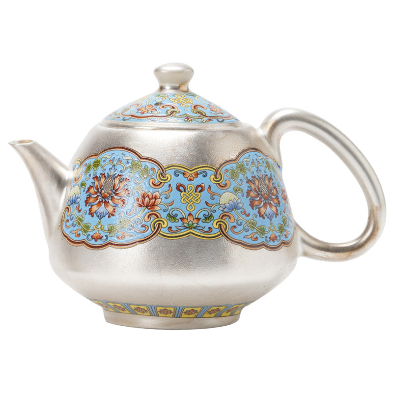 Cloisonne Gilt Silver Enamel Teapot Cup Set in Gift Box