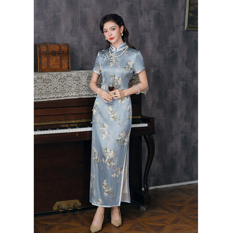 Limited Collection: Light Blue Long Mulberry Silk Cheongsam