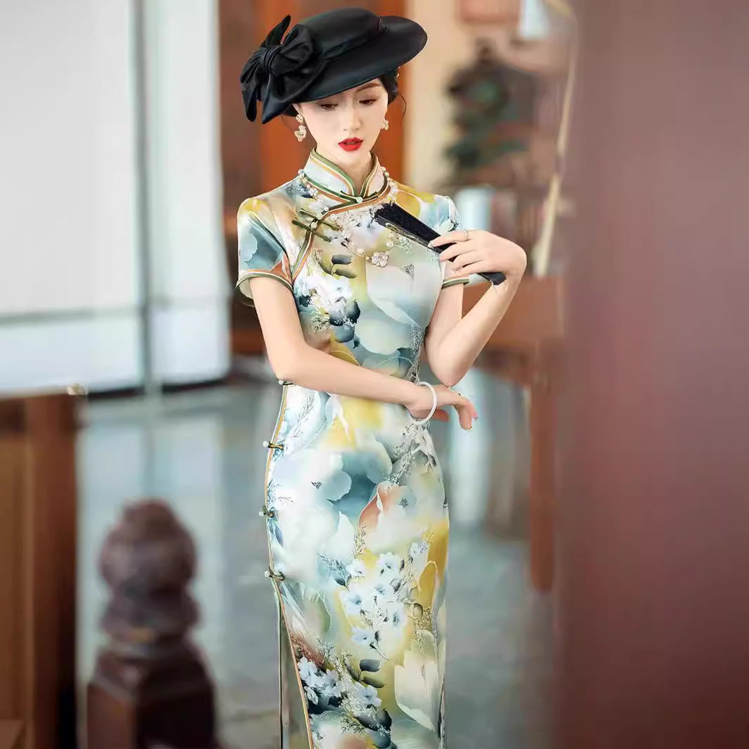 Long Mulberry Silk Cheongsam Dress in Summer Floral Pattern